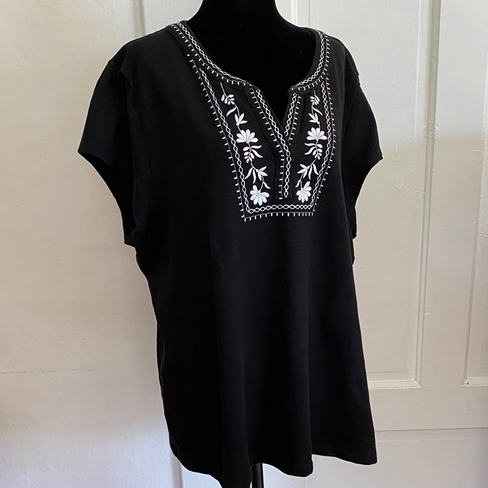 Talbots Black Top with White Floral Embroidery